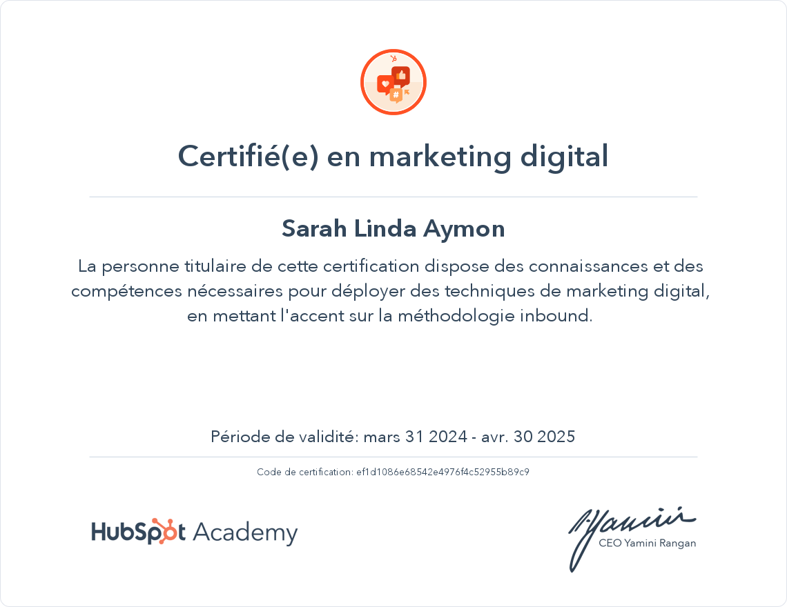 Certification Formation en marketing digital de HubSpot Academy