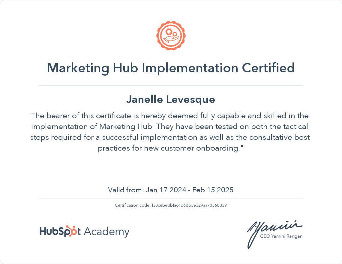 HubSpot Academy Marketing Hub Implementation Certification