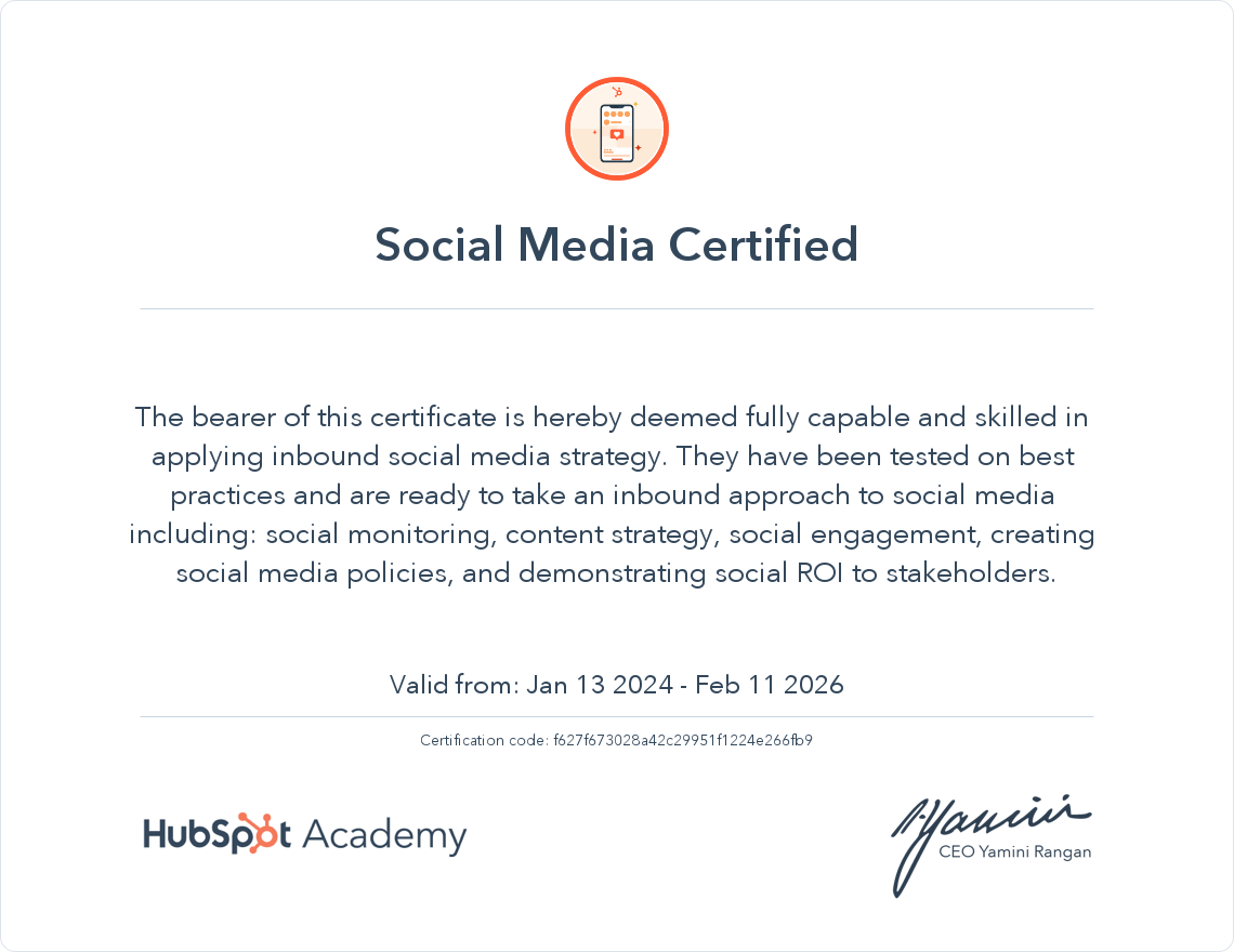 HubSpot Academy Social Media Marketing Certification