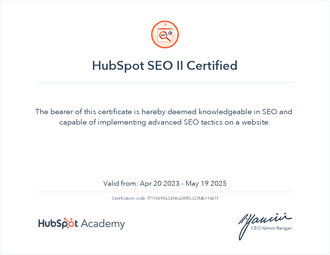 HubSpot Academy SEO II Certification