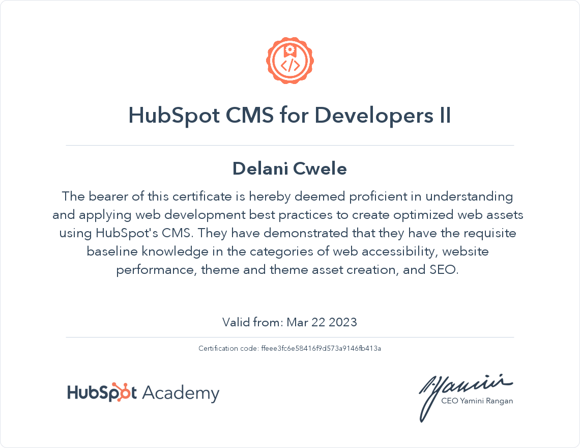 HubSpot Academy HubSpot CMS for Developers II Best Practices Certification